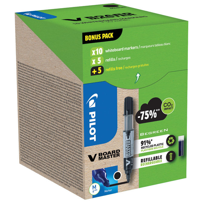 SET MARKER ZA BIJELU PLOČU 2,3 MM V BOARD MASTER BEGREEN PK10 PILOT  PLUS  REFILI (5 PLUS 5 GRATIS) CRNI