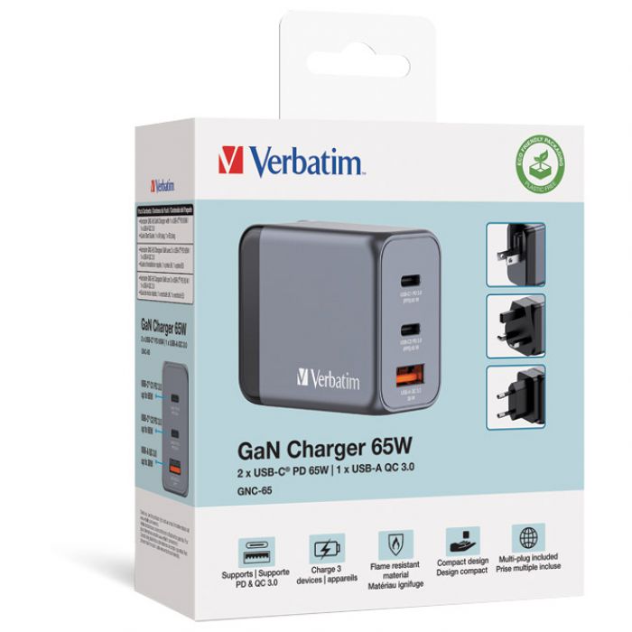 PUNJAČ ZA MOBILNE UREĐAJE ZIDNI 2XUSB-C/PD 65W/1XUSB-A QC 3.0 (EU/UK/US)  VERBATIM 32201