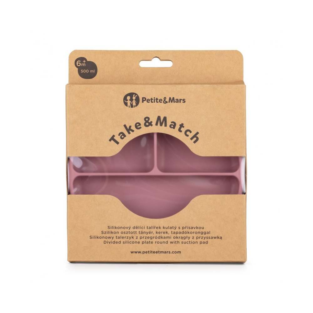 PETITE&MARS Silikonski okrugli tanjur s odjeljcima i vakuumom 6 m+ Take&Match - Dusty Rose