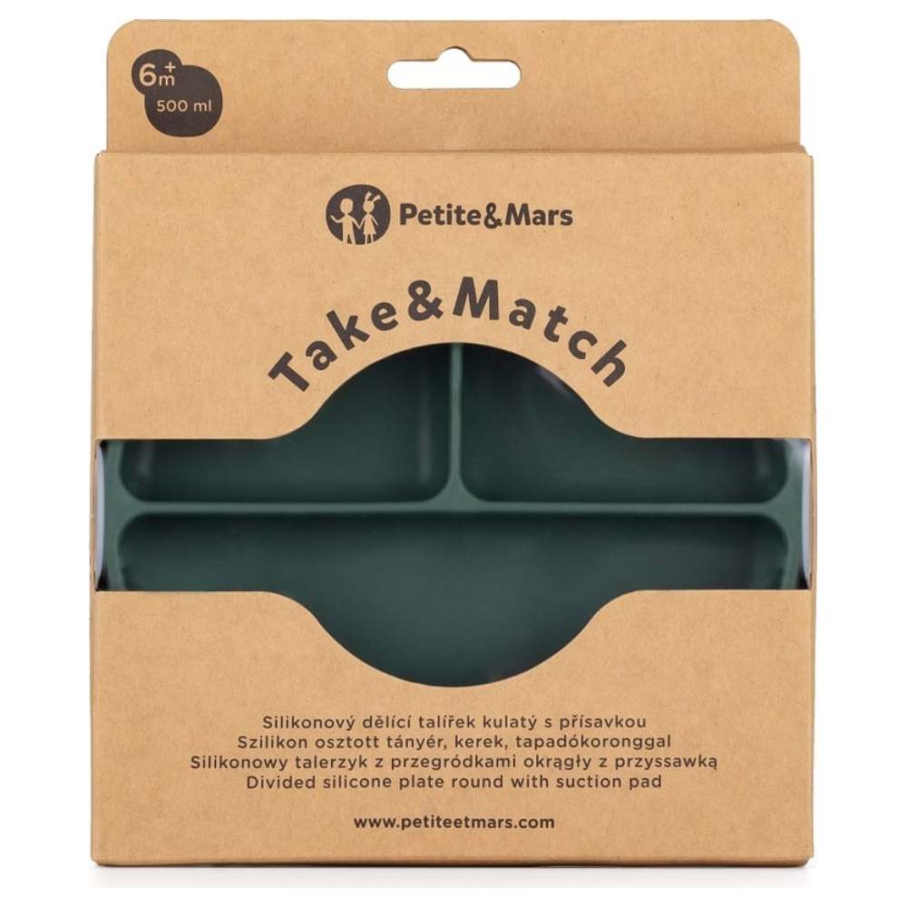 PETITE&MARS Silikonski okrugli tanjur s odjeljcima i vakuumom 6 m+ Take&Match - Misty Green
