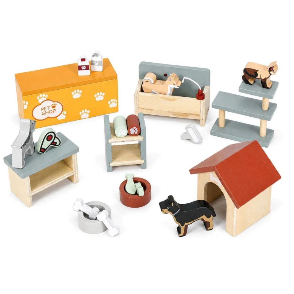 Ecotoys Drveni Pet Shop u prijenosnom koferu, set od 23 dodataka