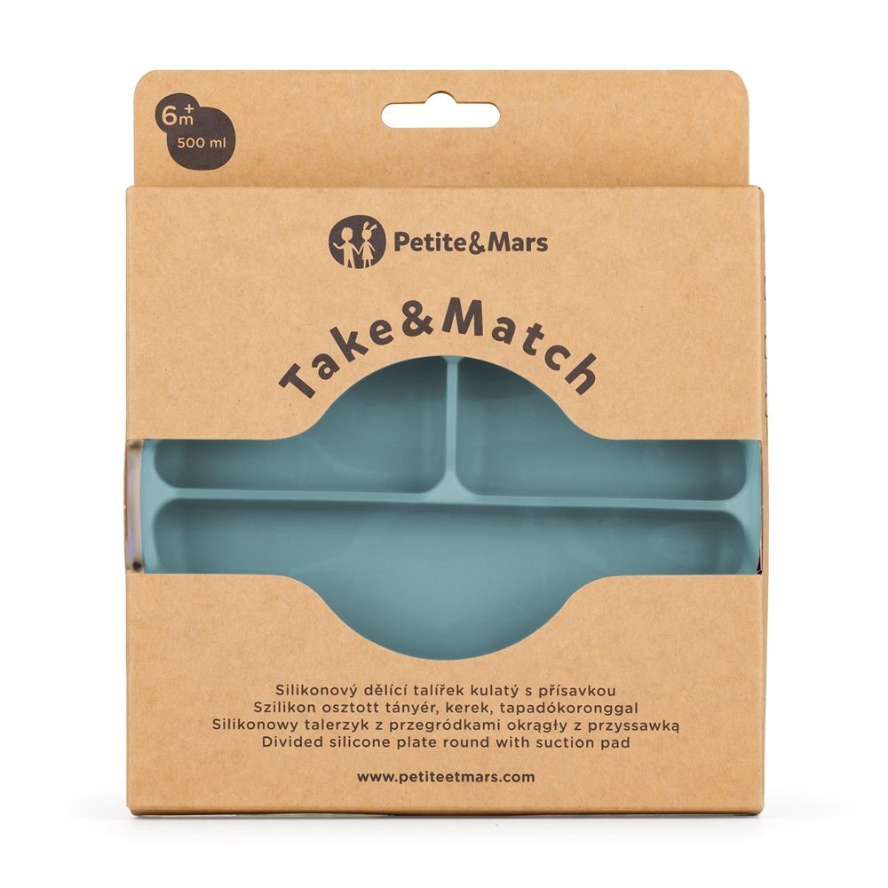 PETITE&MARS Silikonski okrugli tanjur s odjeljcima i vakuumom 6 m+ Take&Match - Frosted Sky