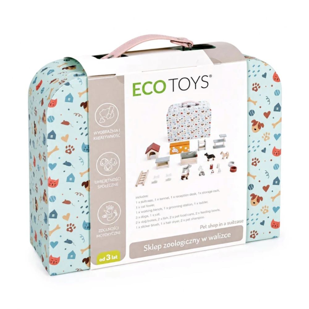 Ecotoys Drveni Pet Shop u prijenosnom koferu, set od 23 dodataka