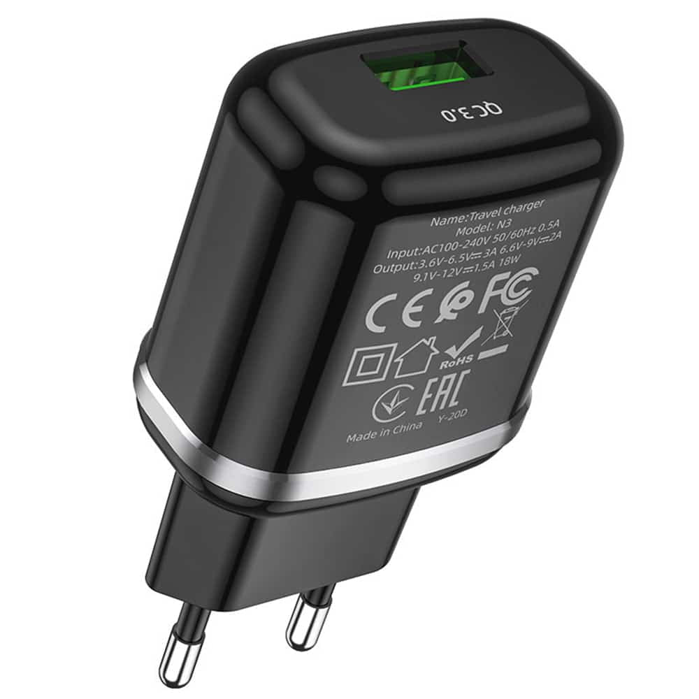 Hoco - Zidni punjač Special (N3) - USB-A 18W 3A s kabelom USB-A na USB Type-C 1m - crni