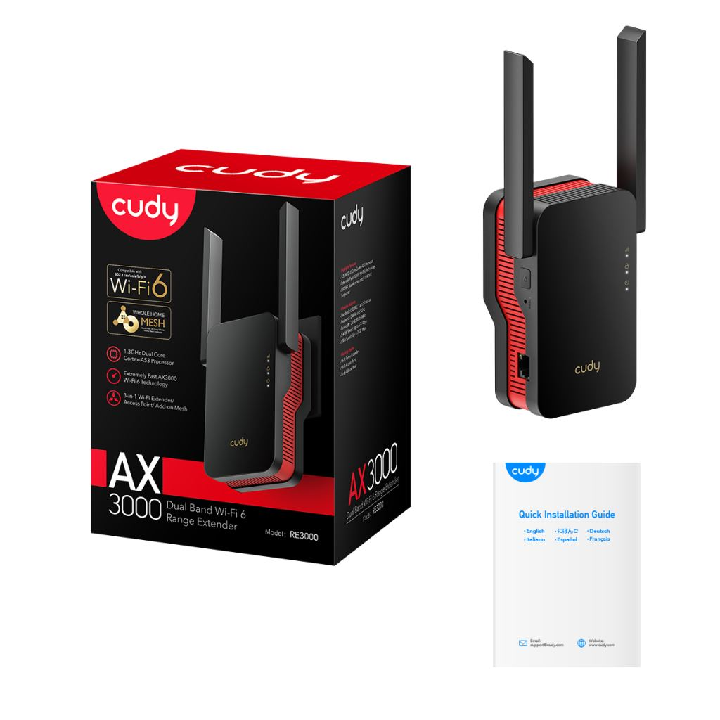 Cudy RE3000 mrežni ekstender Mrežni repetitor Crno, Crveno 10, 100, 1000 Mbit/s