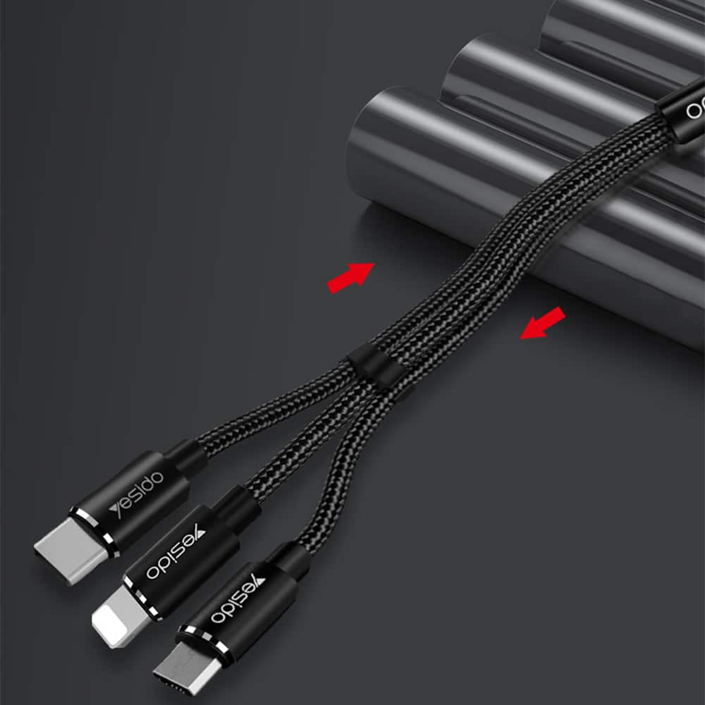 Yesido - Podatkovni kabel (CA-60) - 3u1 USB na Type-C-Lightning - Micro USB 60W 3A 1.2m - crni