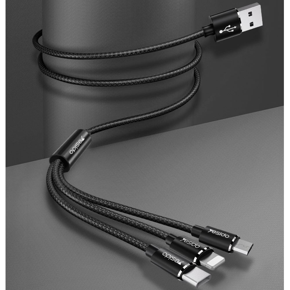 Yesido - Podatkovni kabel (CA-60) - 3u1 USB na Type-C-Lightning - Micro USB 60W 3A 1.2m - crni