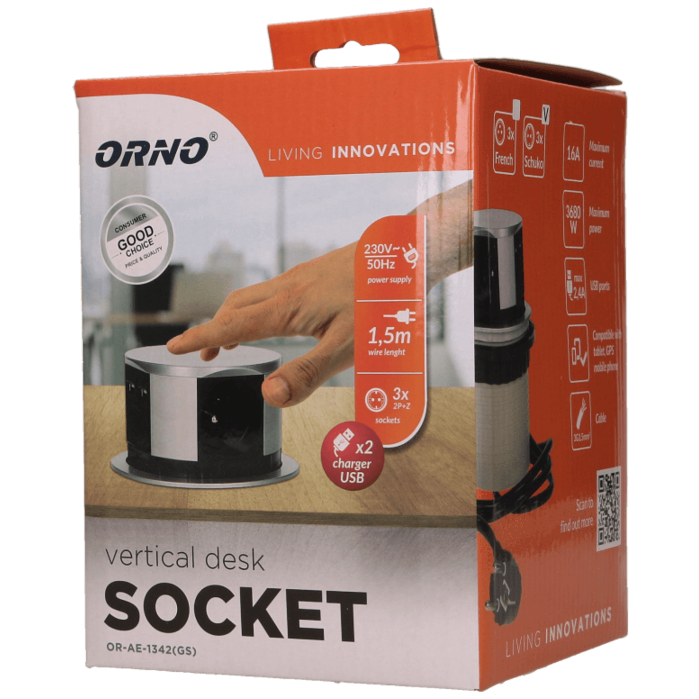 Orno Produžni kabel sa 3 x Schuko utičnice + 2 x USB, ugradbena - OR-AE-1342(GS)