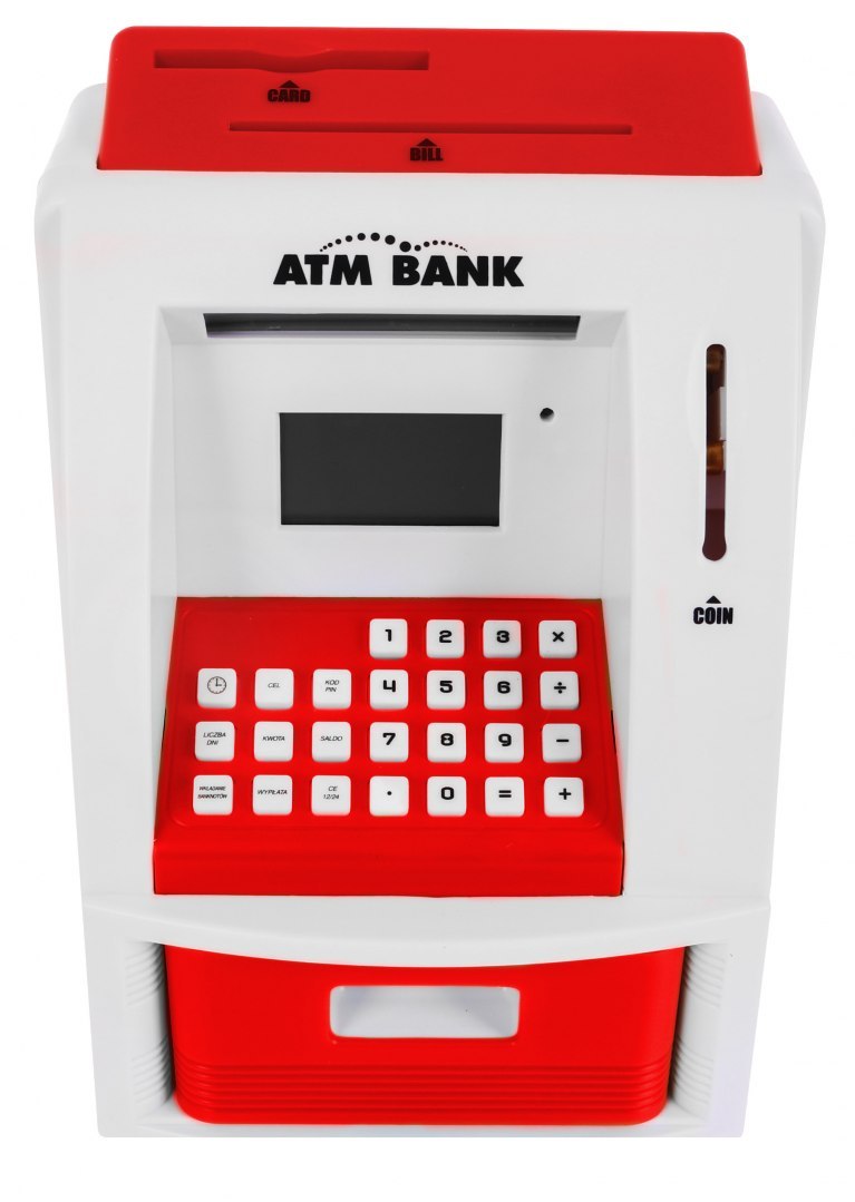 Kasica prasica u obliku bankomata s karticom za bankomat i PIN bravom - Crveni