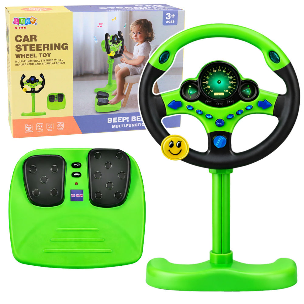 Interactive Steering Wheel on Stand with Pedals Lights Sounds Green