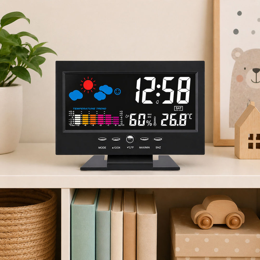 Digitalni sat s LED zaslonom, termometrom i higrometrom - crni
