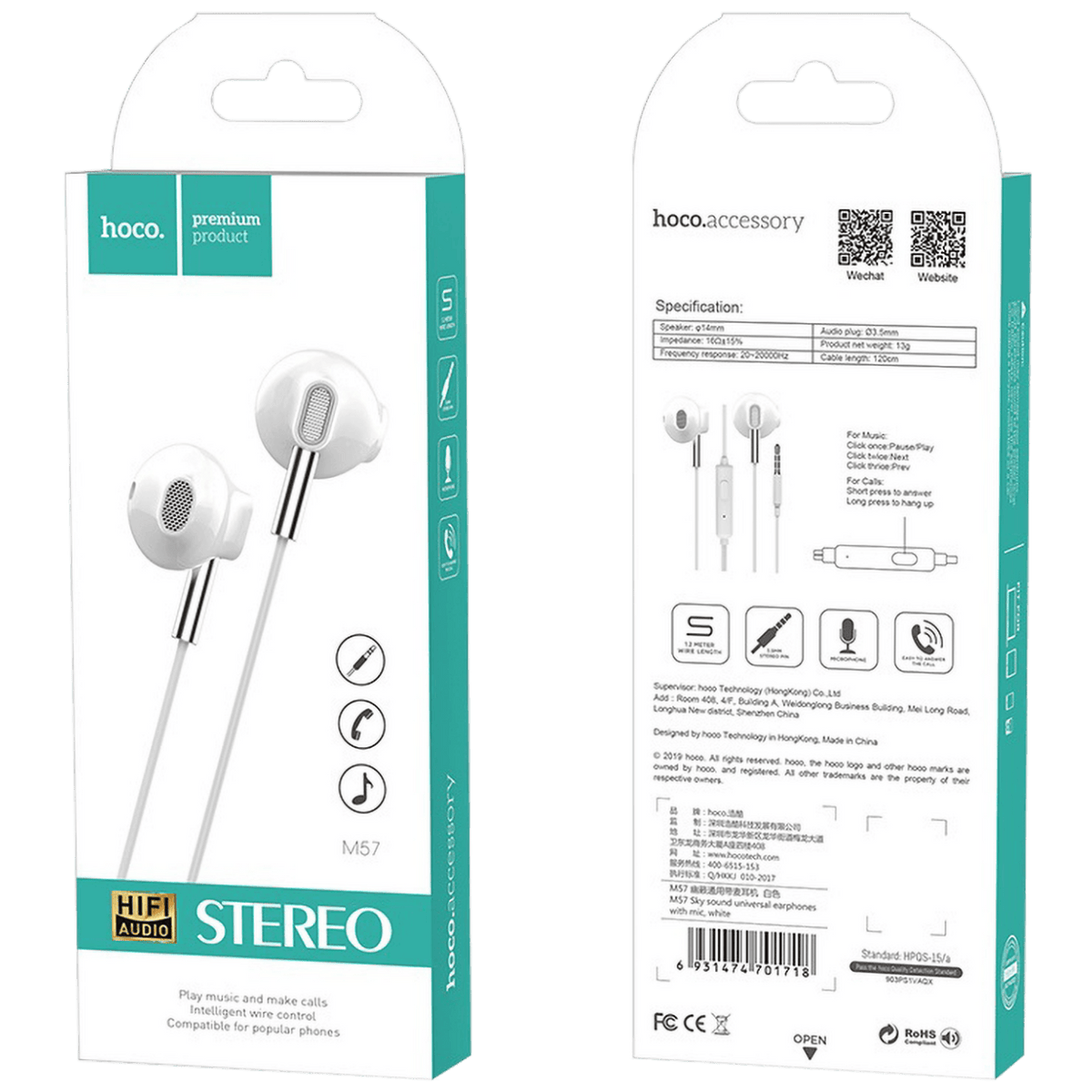 hoco. Slušalice sa mikrofonom, 3.5 mm,dužina kabela 1.2 met,bijela - M55 Memory sound White