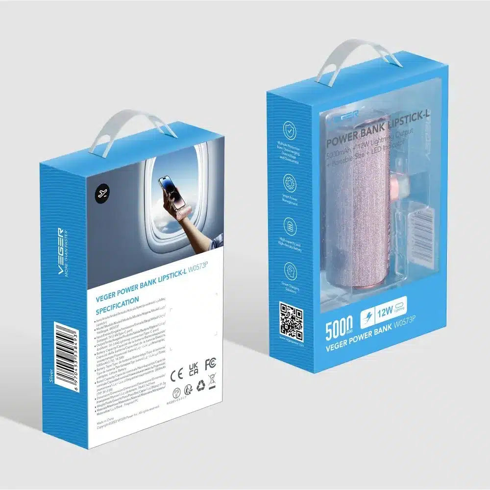VEGER powerbank 5.000 mAh s ugrađenim Lightning PD QC3.0 konektorom PlugOn - pink