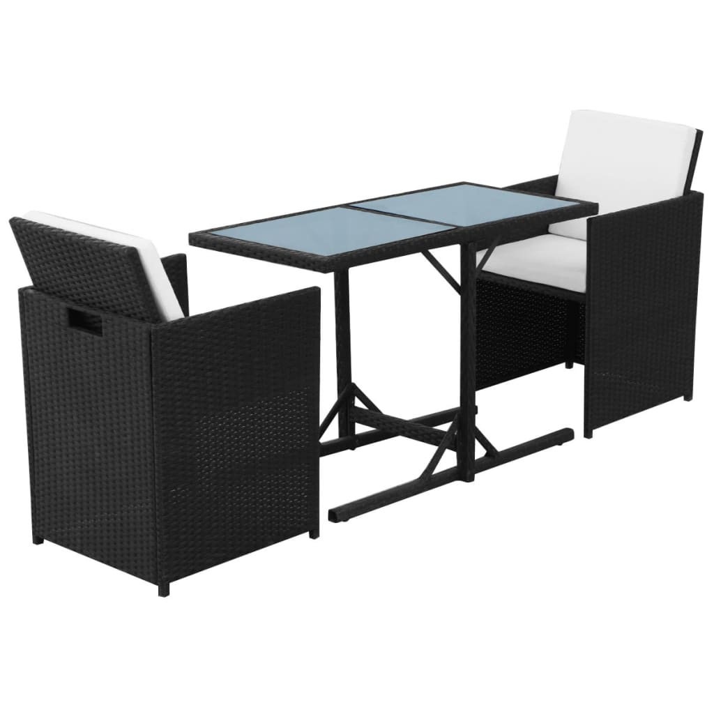 3-dijelni bistro set od poliratana s jastucima crni