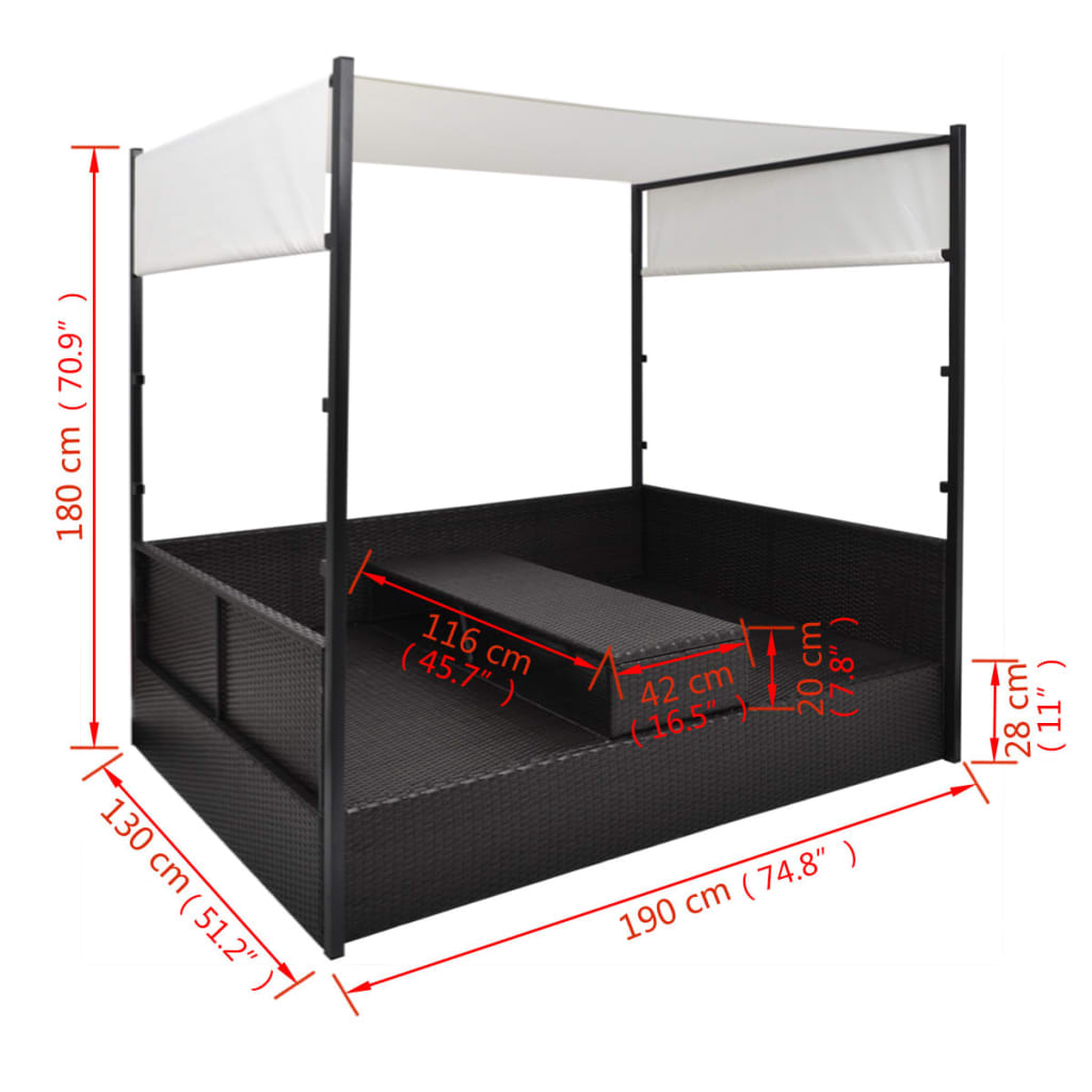 Vrtni krevet s baldahinom crni 190 x 130 cm poliratan