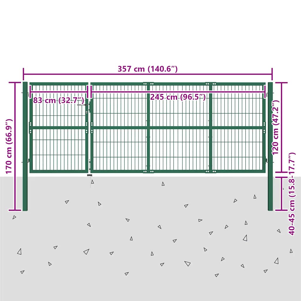 Vrtna vrata za ogradu sa stupovima 350x120 cm čelična zelena
