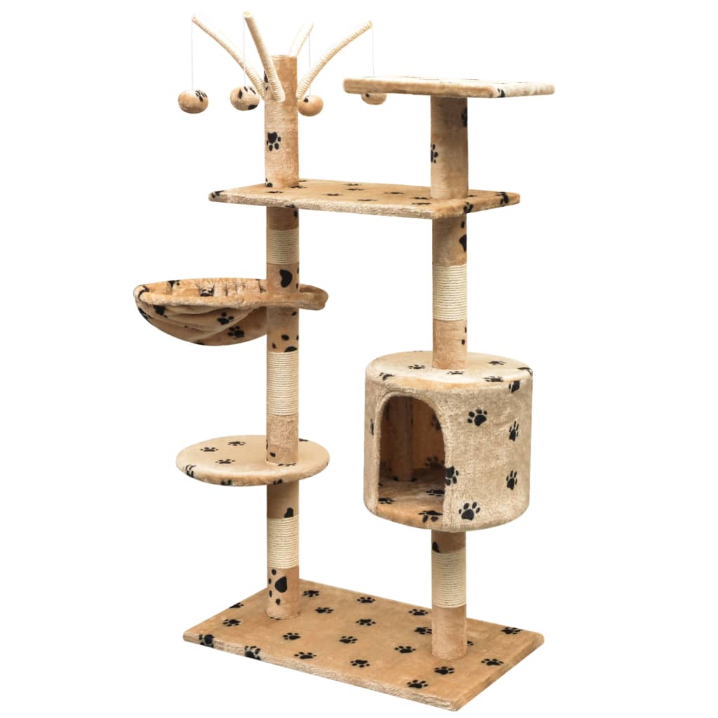Penjalica Grebalica za Mačke sa Stupovima od Sisala 125 cm Bež s Otiskom Šapa