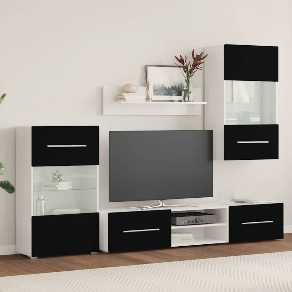 Petodijelni zidni set TV ormarića s LED rasvjetom crni