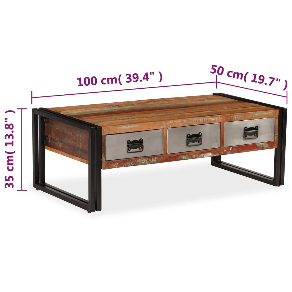 Stolić za kavu s 3 ladice od masivnog recikliranog drva 100 x 50 x 35 cm