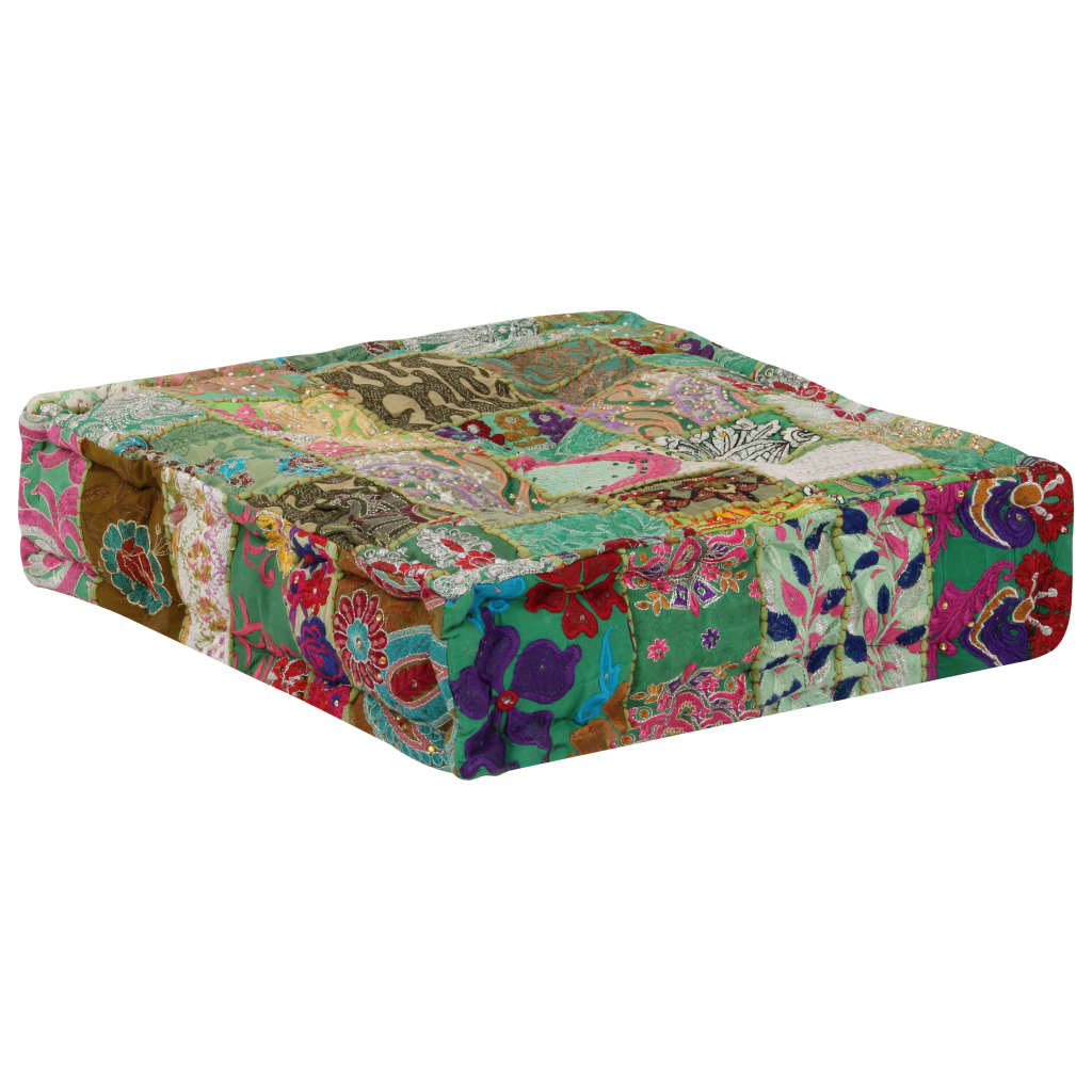 Tabure s patchworkom četvrtasti pamučni 50 x 50 x 12 cm zeleni