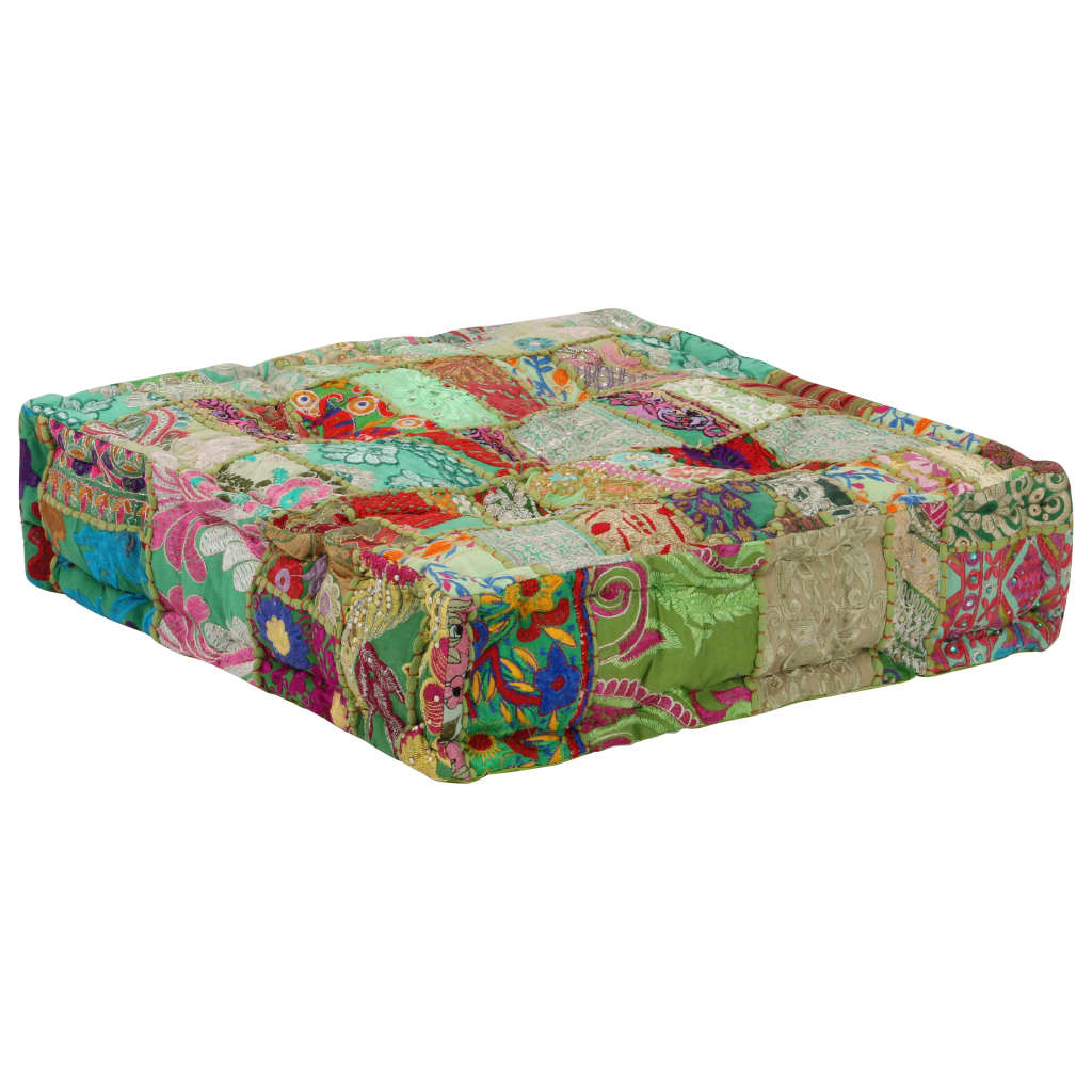 Tabure s patchworkom četvrtasti pamučni 50 x 50 x 12 cm zeleni