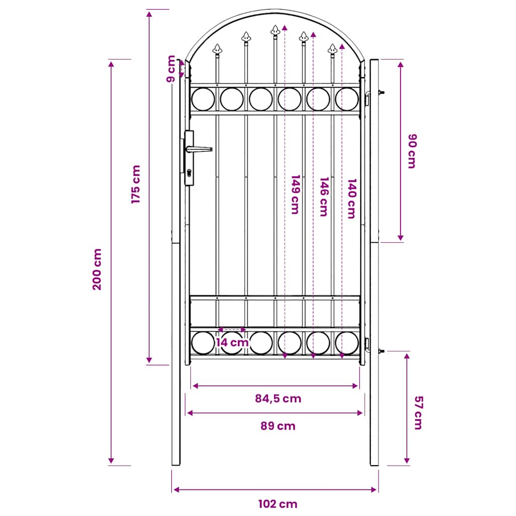 Vrata za ogradu ASSEN s lučnim vrhom čelik 102x175 cm crna
