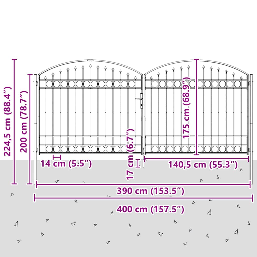 Vrata za ogradu ASSEN dvostruka vrata s lučnim vrhom čelik 400x175 cm
