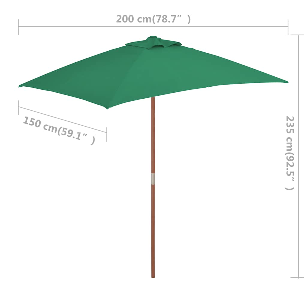 Vanjski suncobran s drvenim stupom 150 x 200 cm zeleni