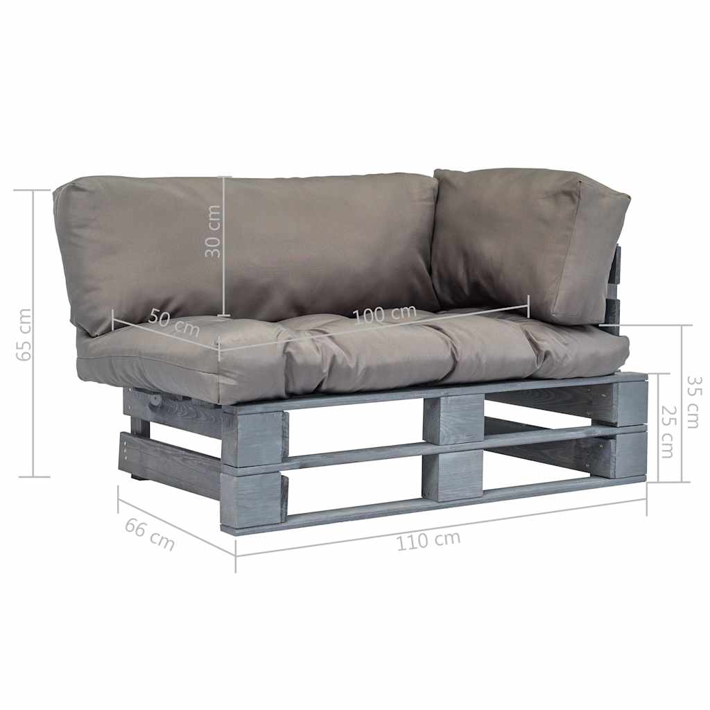 Vrtna sofa od paleta od borovine sa sivim jastucima Siva