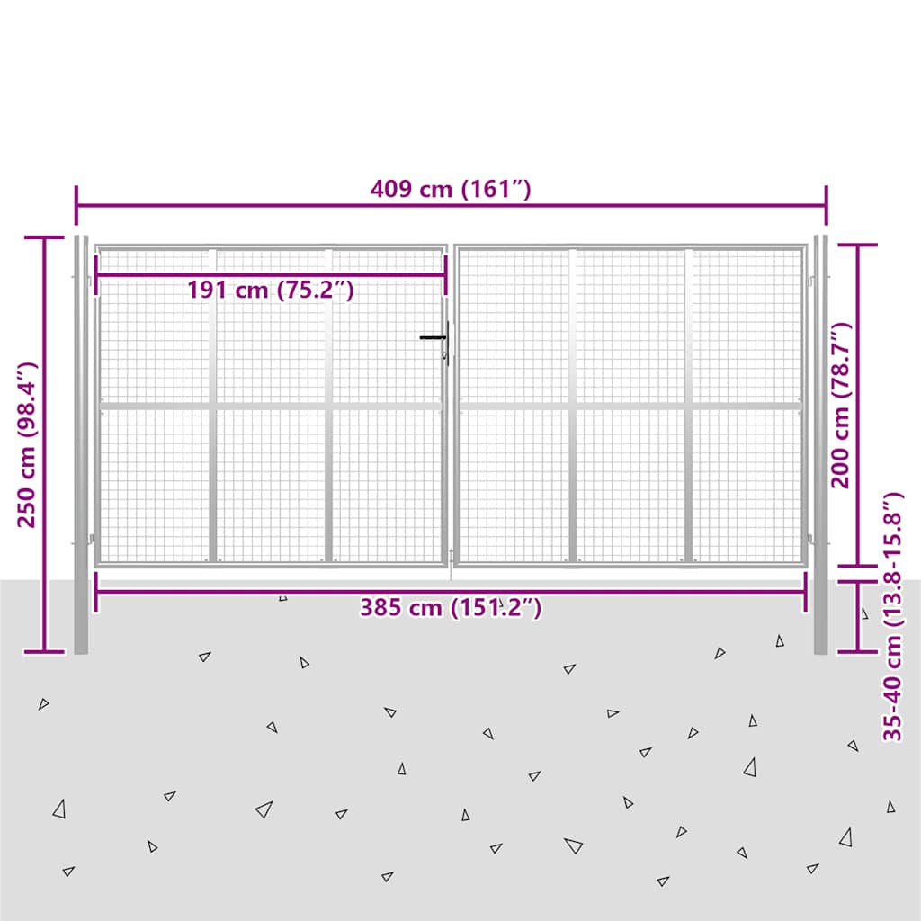 Vrtna vrata od pocinčanog čelika 400x200 cm srebrne boje