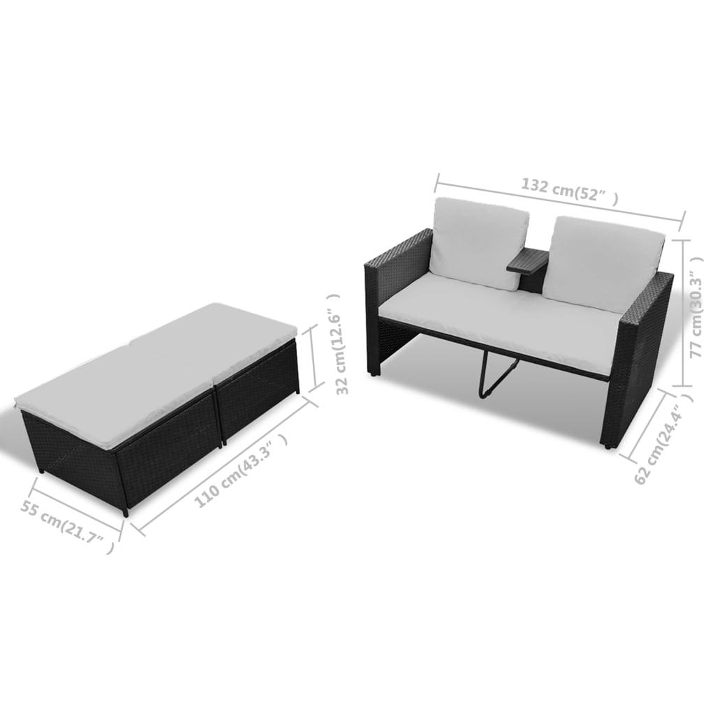4-dijelna vrtna garnitura od poliratana s jastucima crna