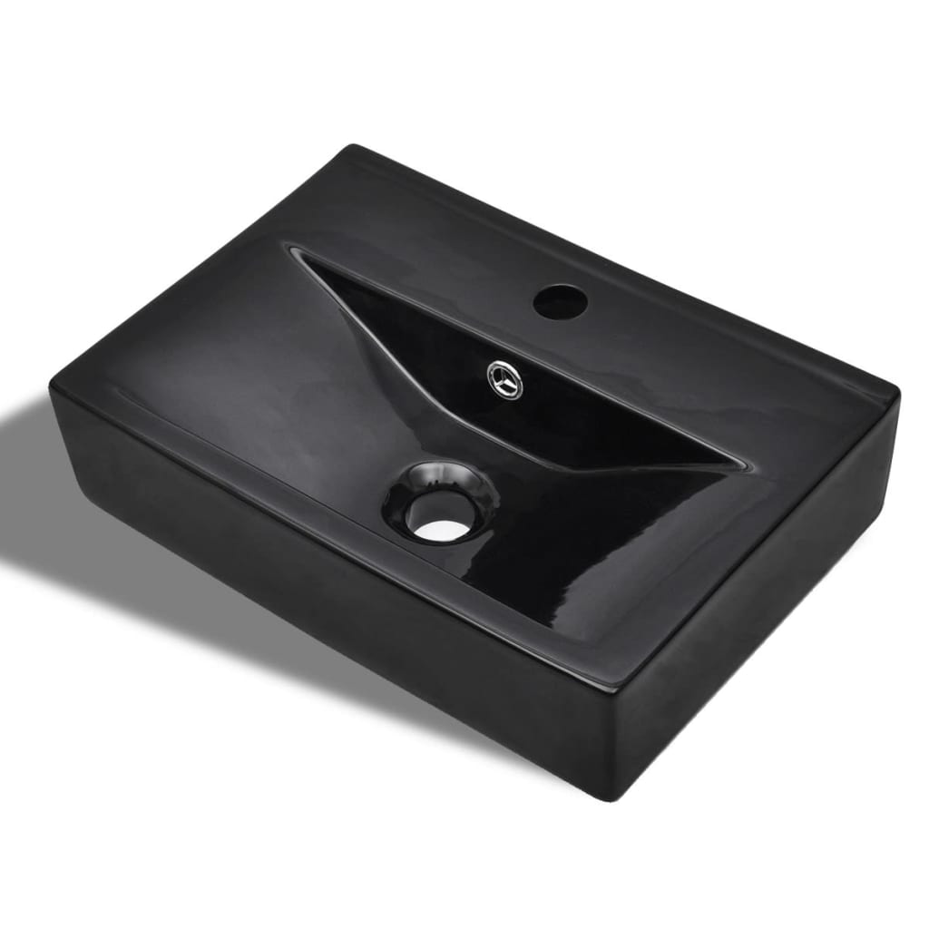 Keramički kupaonski umivaonik sa slavinom i otvorom crni pravokutni
