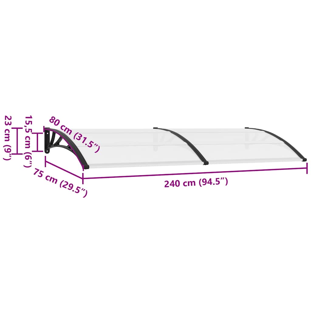 Nadstrešnica za vrata crna i prozirna 240 x 75 cm PC