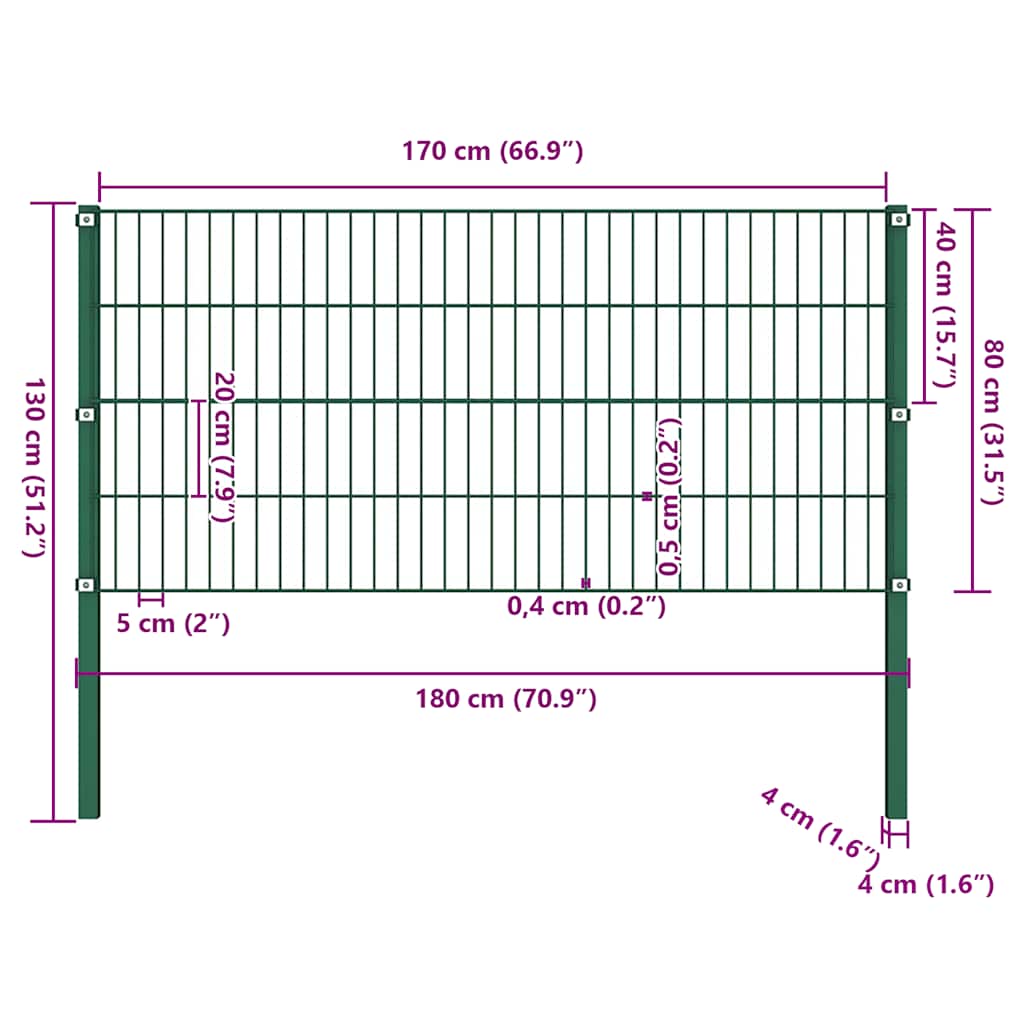 Ogradni panel sa stupovima od željeza 176,5 x 80 cm zelene boje