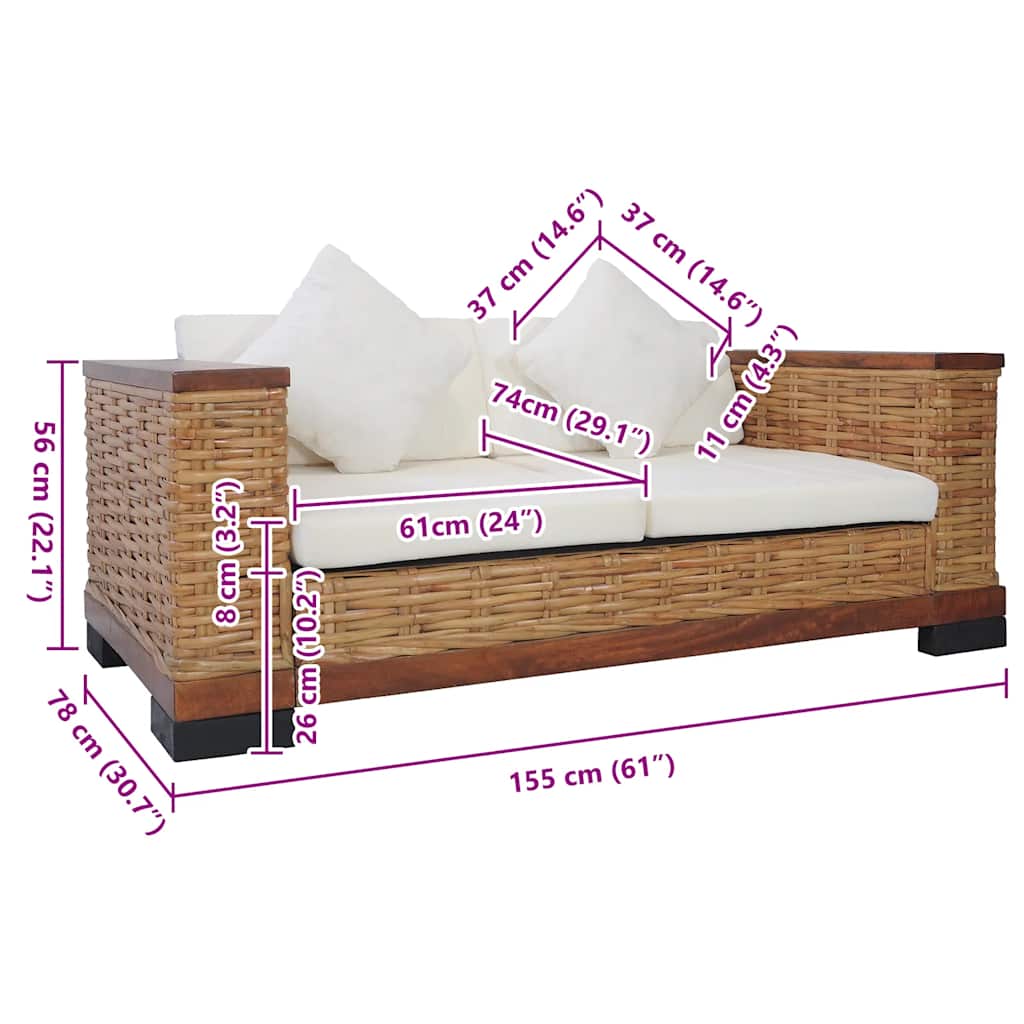 Dvosjed od prirodnog ratana s jastucima smeđi