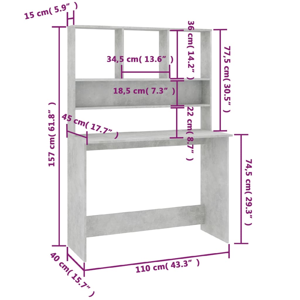 Radni stol s policama siva boja betona 110x45x157 cm iverica