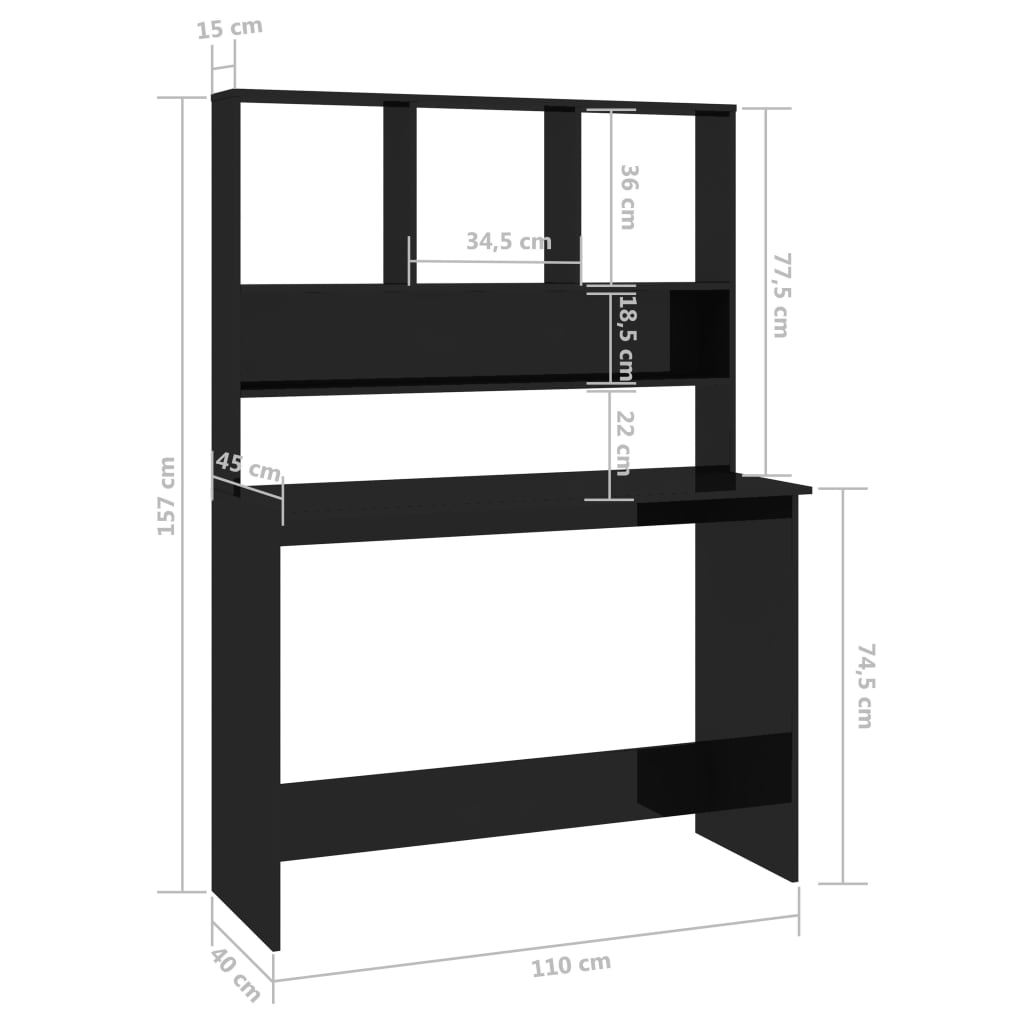 Radni stol s policama visoki sjaj crni 110x45x157 cm iverica