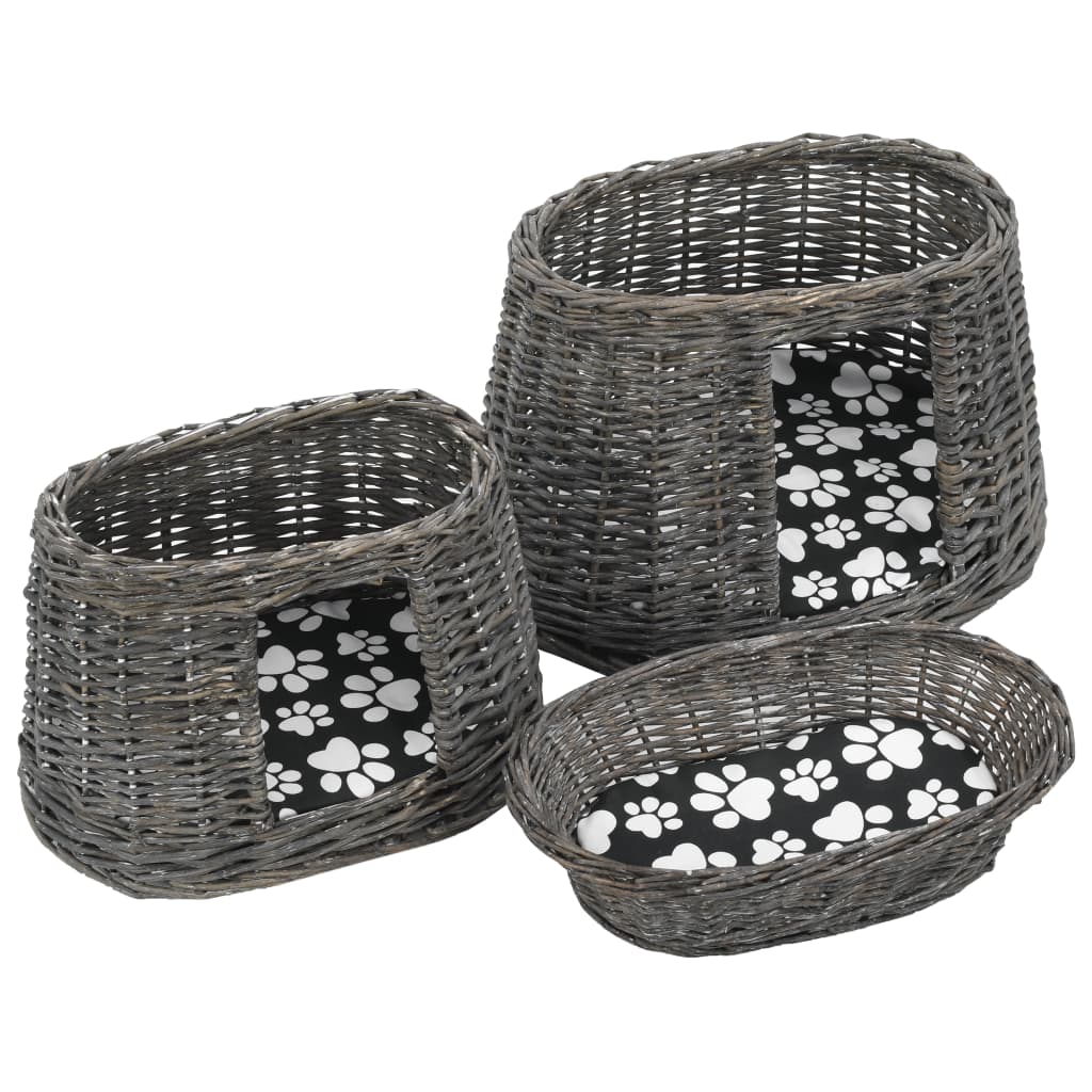 3-dijelni set košara za mačke s jastucima sivi 47x34x60 cm vrba
