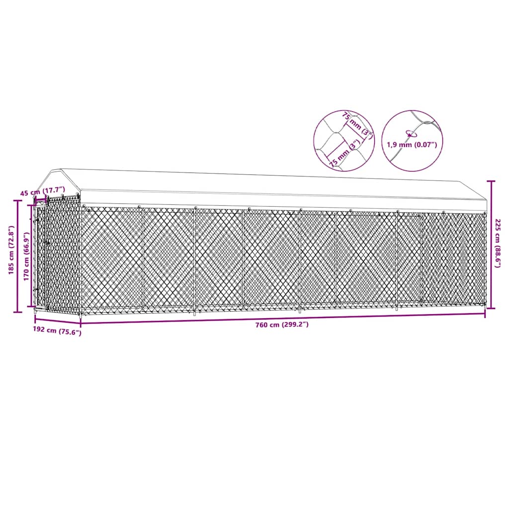 Vanjski kavez za pse s krovom 760 x 190 x 225 m