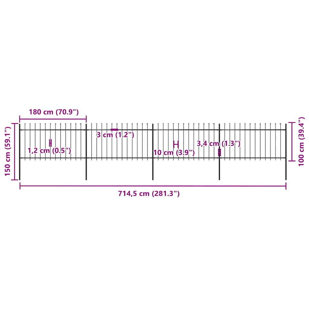 Vrtna ograda s vrhom koplja Čelik 714,5 x 100 cm Crna