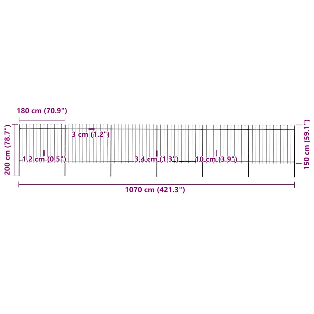 Vrtna ograda s vrhom koplja Čelik 1070x150 cm Crna