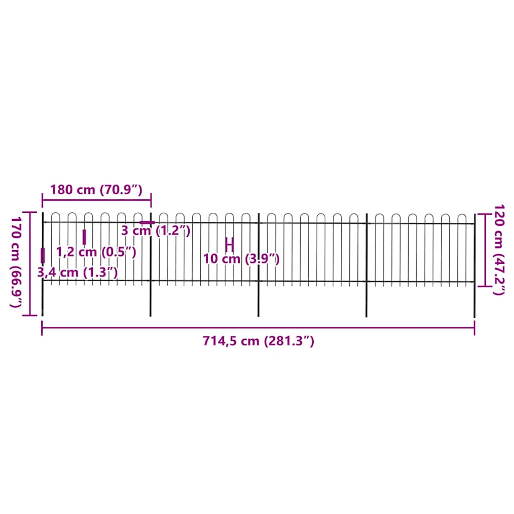 Vrtna ograda s obručem na vrhu Čelik 714,5 x 120 cm Crna