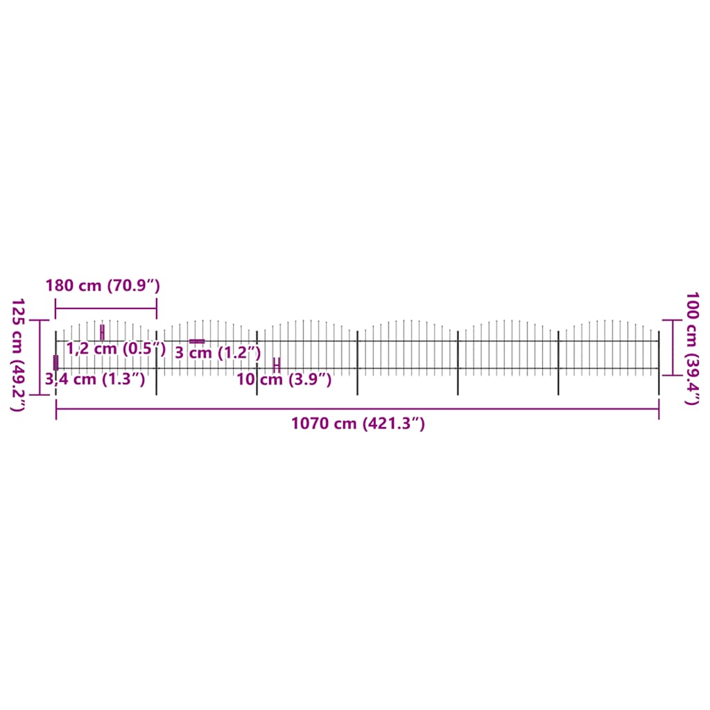 Vrtna ograda s vrhom koplja Čelik 1070x125 cm Crna