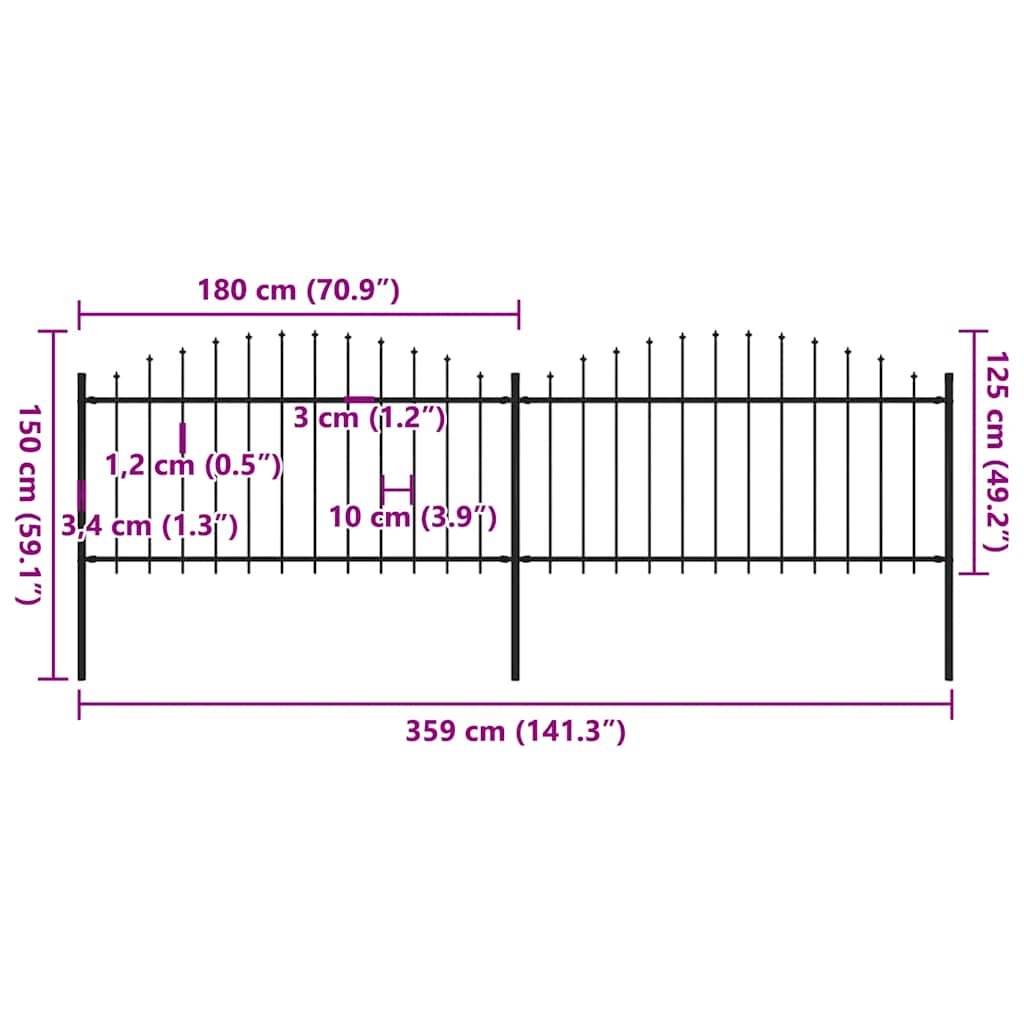 Vrtna ograda s vrhom koplja Čelik 359x150 cm Crna
