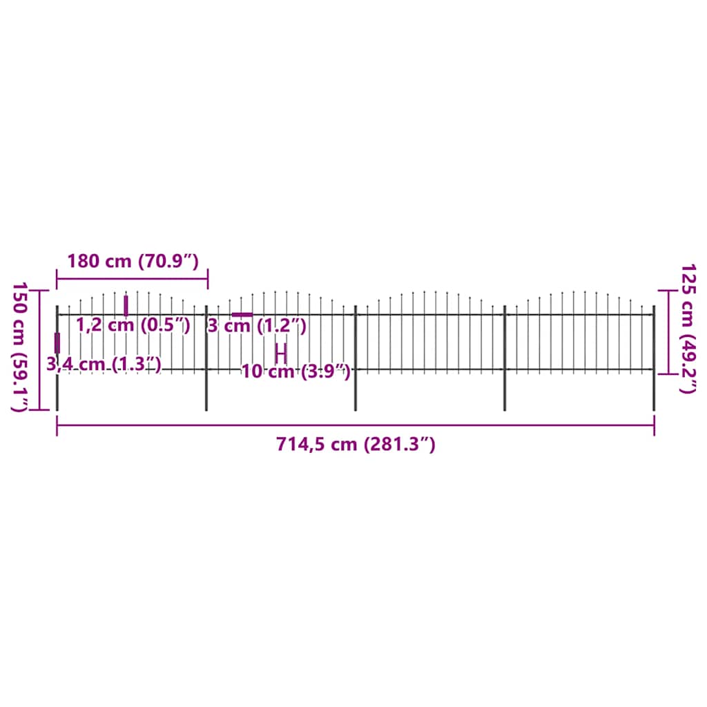 Vrtna ograda s vrhom koplja Čelik 714,5 x 150 cm Crna