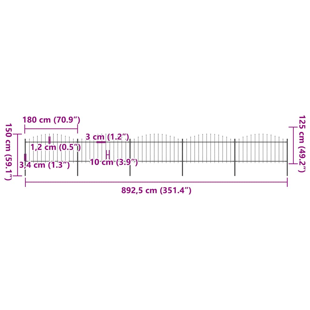 Vrtna ograda s vrhom koplja Čelik 892,5 x 150 cm Crna