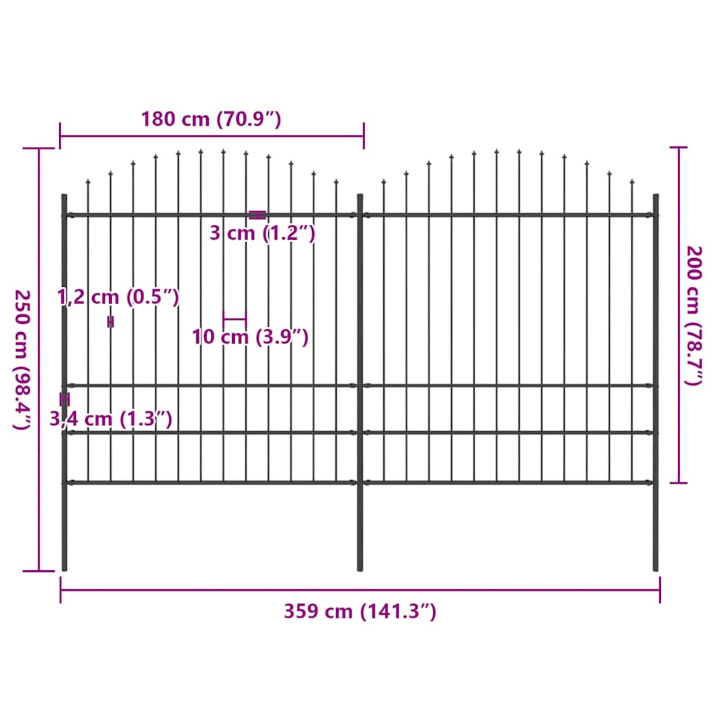 Vrtna ograda s vrhom koplja Čelik 359x200 cm Crna