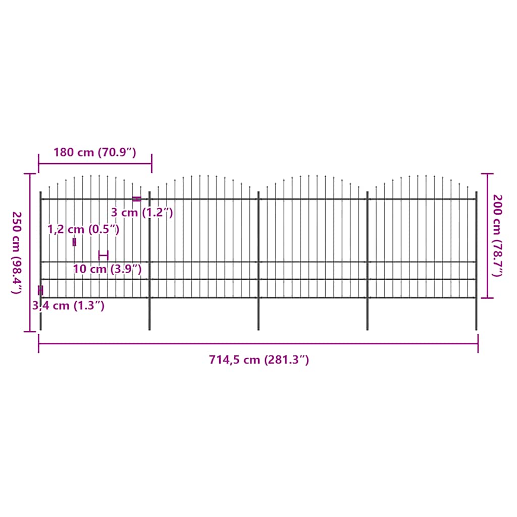 Vrtna ograda s vrhom koplja Čelik 714,5 x 200 cm Crna