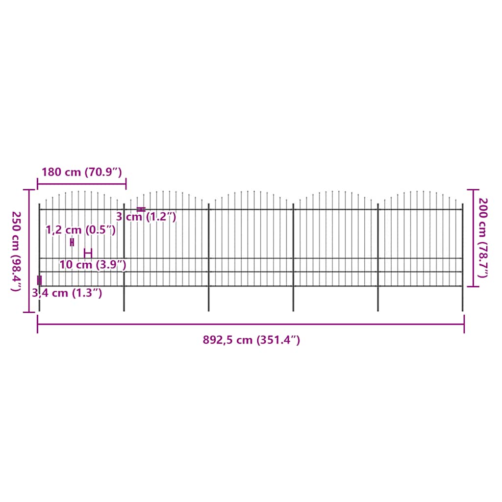 Vrtna ograda s vrhom koplja Čelik 892,5 x 200 cm Crna