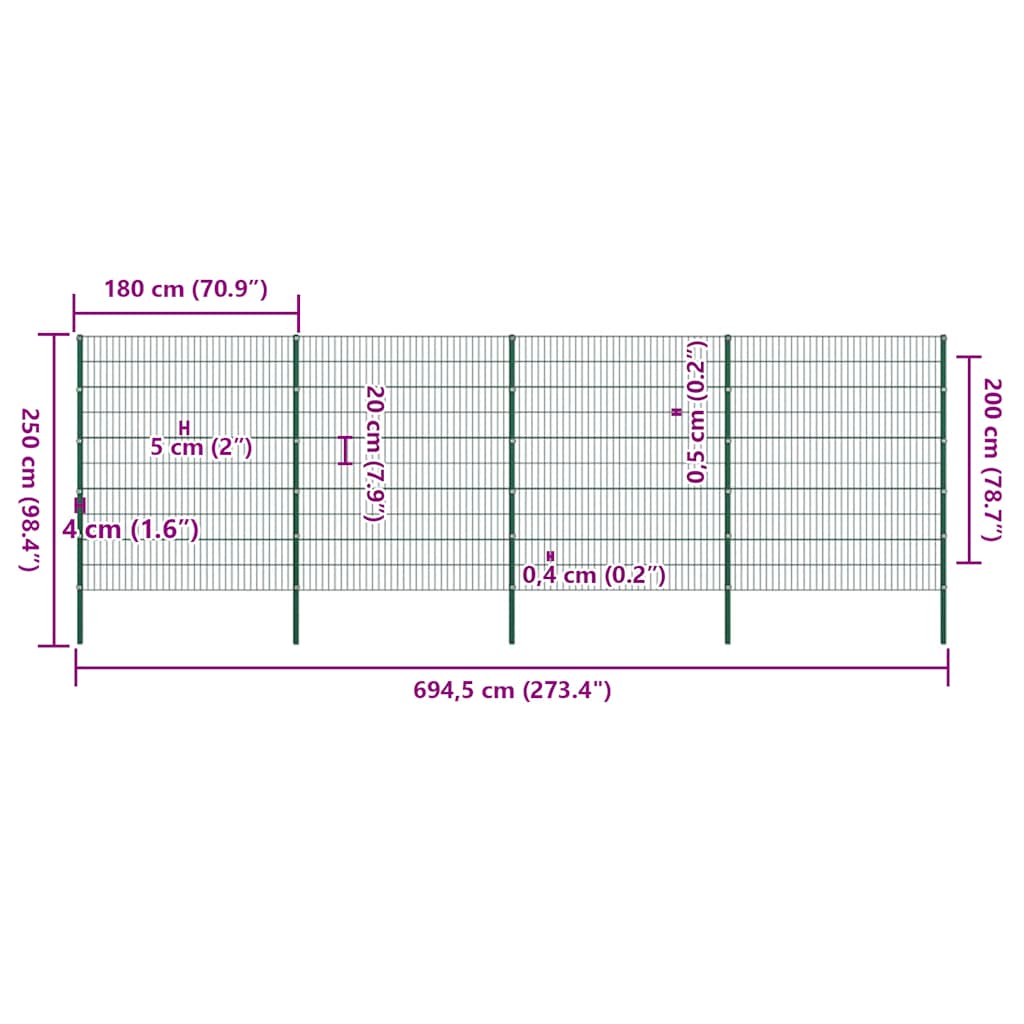 Ogradni panel sa stupovima od željeza 694,5 x 200 cm zelene boje